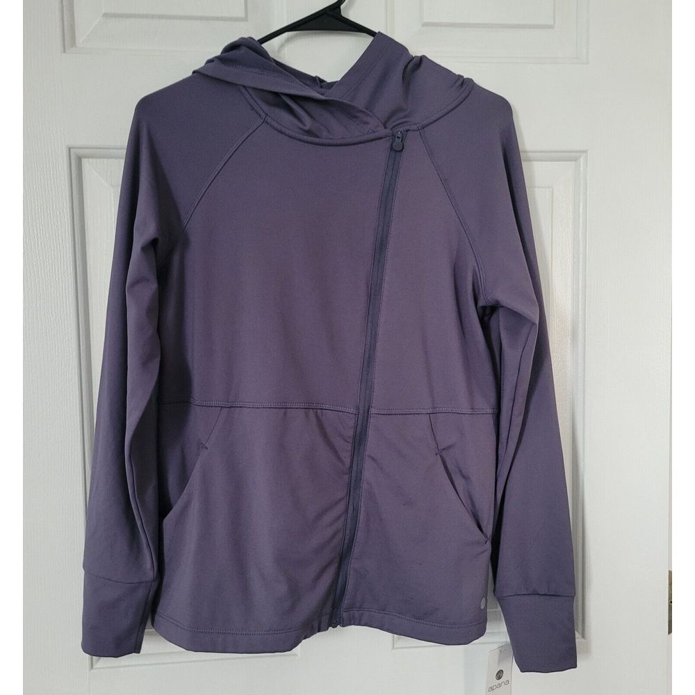apana Slant Diagonal Full Zip Yoga Jacket Soft Size Small Gray Blue‎ Hood New